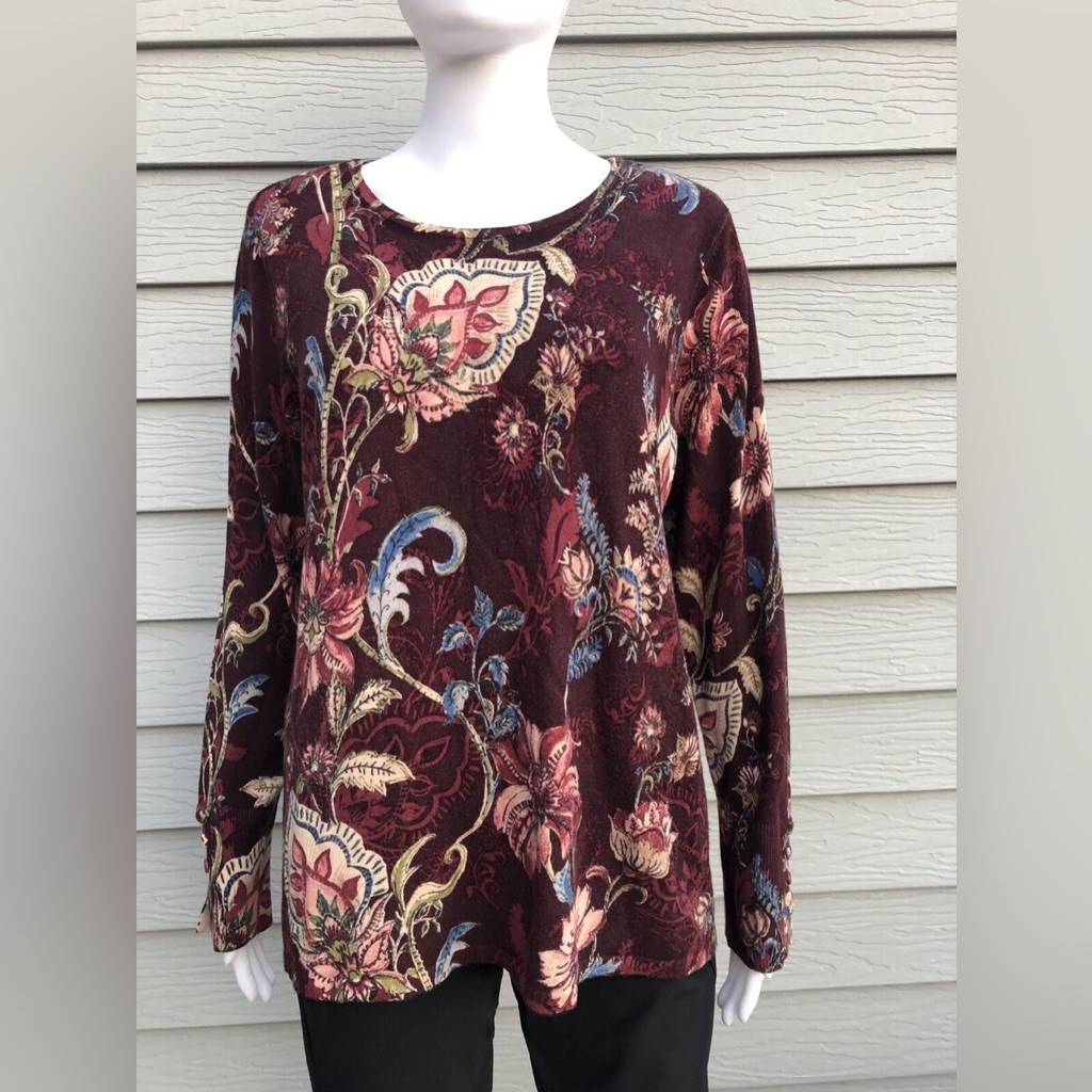 Chico's Nwot Women's Floral Knit Top Brown Button Cuff Sweater